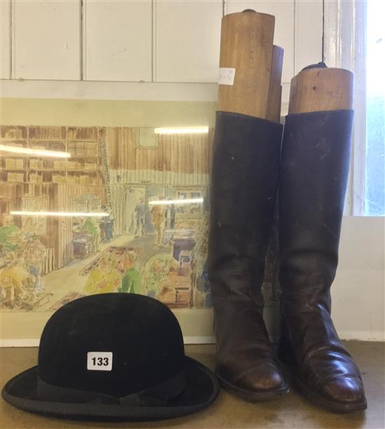 Pair riding boots, bowler hat